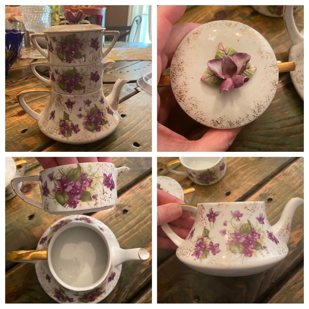 Vintage 1940’s Violets Lefton Tea For One Stacking Tea Set Creamer Sugar
